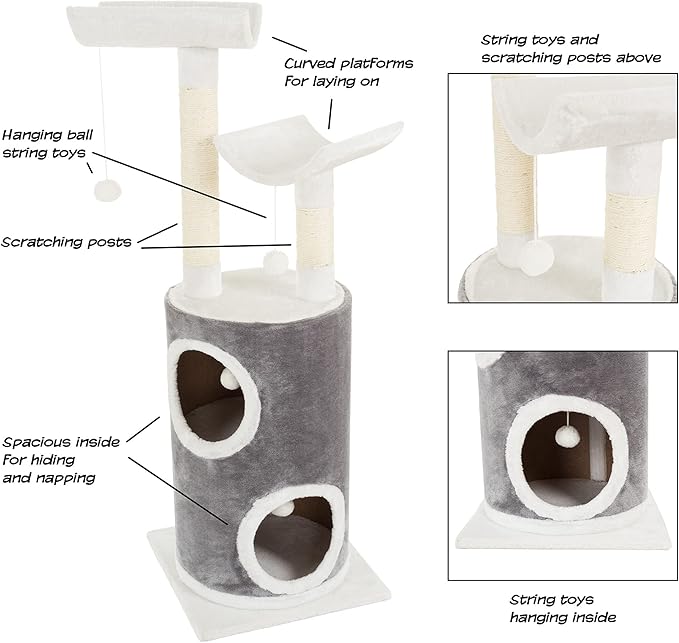 45in Cat Tree with Napping Perches, 2 Story Cat Condo, Cat Scratching Posts, and Hanging Toys - Cat Tower for Indoor Cats by PETMAKER (Gray)