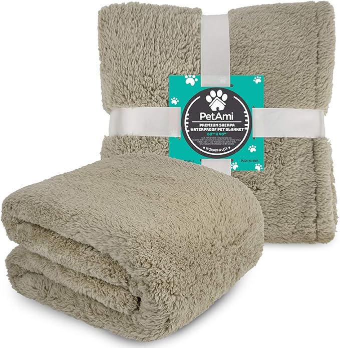 PetAmi Fluffy Waterproof Dog Blanket for Medium Large Dogs, Soft Warm Pet Sherpa Throw Pee Proof Couch Cover, Reversible Cat Bed Blanket Sofa Protector, Plush Washable Pad (Taupe Camel, 40x60)