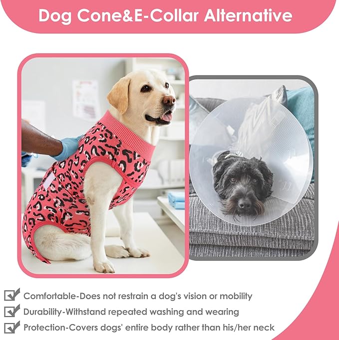 AOFITEE Dog Recovery Suit, Dog Surgical Recovery Suit for Female Dogs Male Dogs, Cozy Dog Onesie for Surgery, Cone E-Collar Alternative, Anti Licking Dog Surgical Shirt with Pee Hole, Pink Leopard S