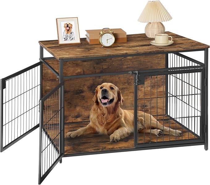 HOOBRO Dog Crate Furniture, 38.6 Inch Wooden Dog Crate Table with 3 Doors, Indoor Dog Kennel Furniture for Medium/Large Dog, Side End Table, Chew-Resistant Dog House, Rustic Brown and Black BF93GW03