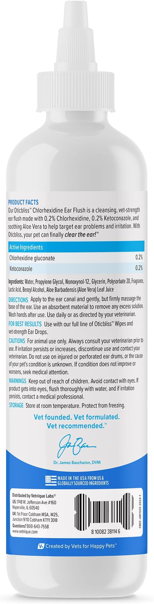 Vetnique Oticbliss Medicated Dog Ear Infection Treatment, Antiseptic Ear Cleaner for Cat & Dog Ear Cleaning Solution with Chlorhexidine & Ketoconazole (6oz Flush)