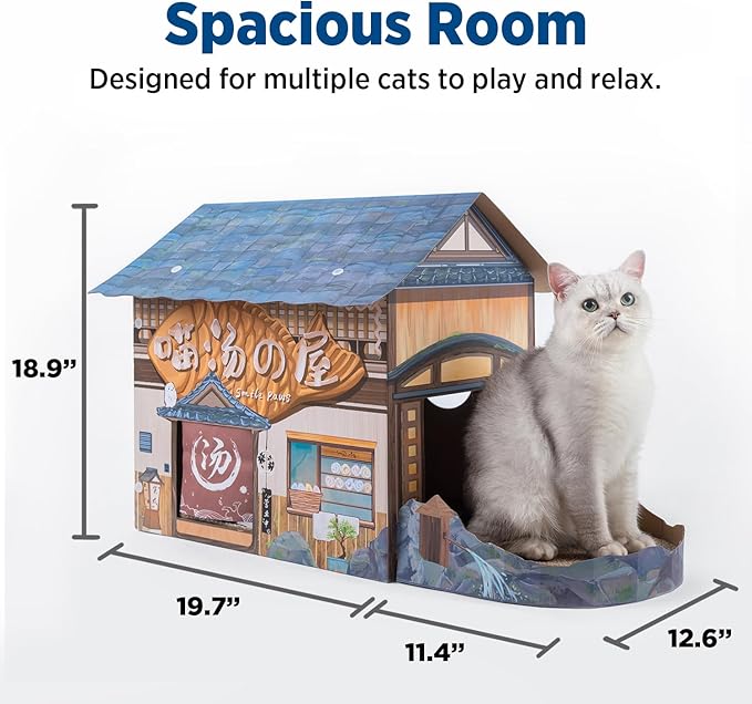 Cat Beds for Indoor Cats, Cardboard Cat House with Scratchers, Onsen Hotel, Large Sturdy Cat Furniture Condo Cave Tent, Easy to Assemble Pet Toys Accessories Stuffs, Bunny Small Animals