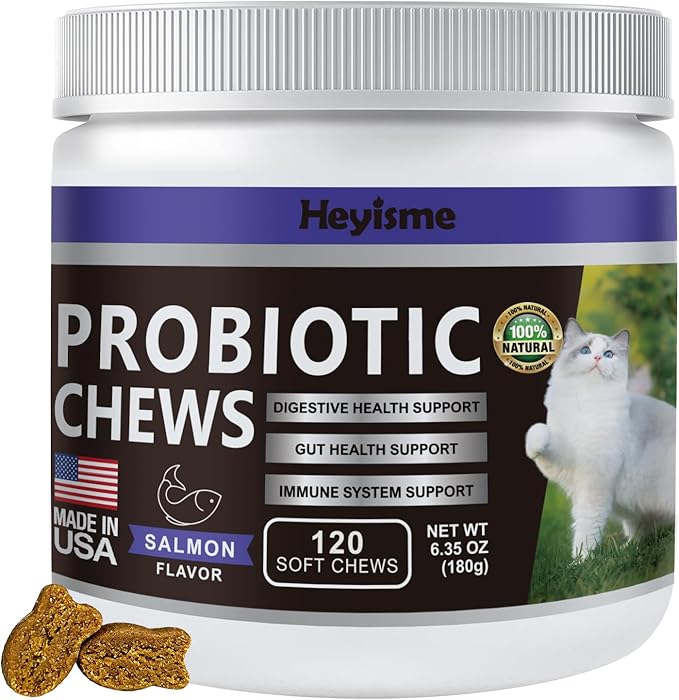 Cat Probiotic, Chews for Gut and Immune Health, Cats Probiotic Supplement for Cat Digestive Support, Healthy Digestion, Cat Constipation and Diarrhea Relief (salmon, 120 chews)