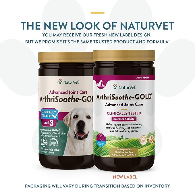 NaturVet – ArthriSoothe-GOLD – Level 3 Advanced Joint Care | Clinically Tested to Support Connective Tissue, Cartilage Health & Joint Movement | Enhanced with Glucosamine, MSM, Chondroitin & Green Lipped Mussel | For Dogs & Cats | 120 Chewable Tablets