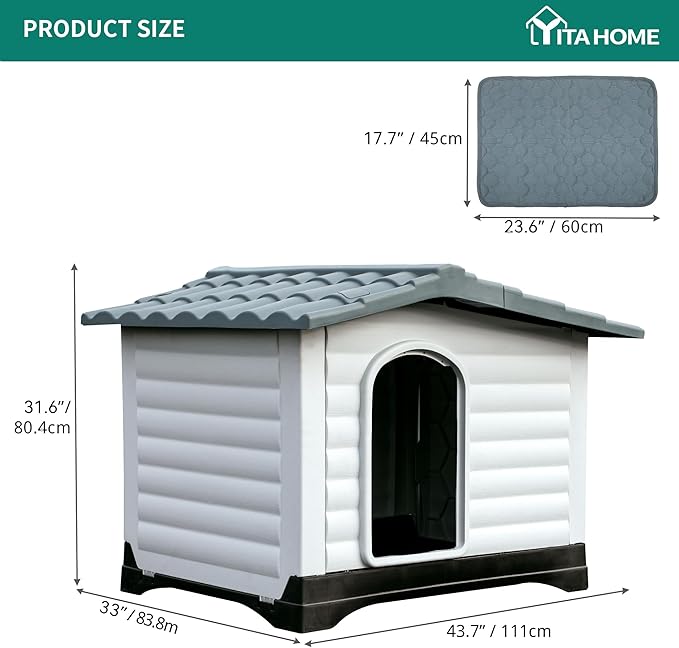 YITAHOME 43.7'' Large Double Door Dog House with Porch & Cushion, Outdoor Plastic Doghouse with Elevated Base, Easy to Install, Water-Resistant Pet House for Medium Large Dogs (43.7''L*33''W*31.6''H)