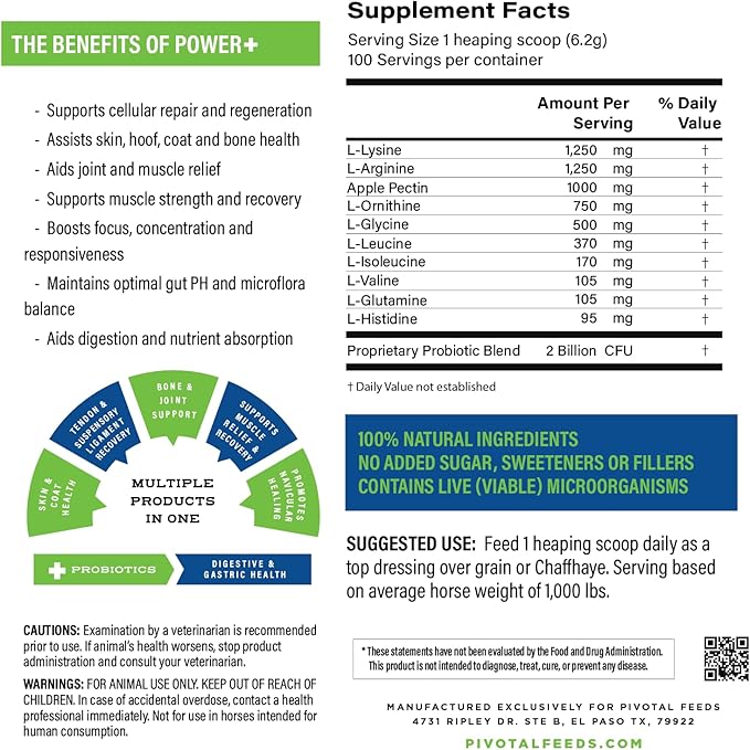 Power+ Horse Supplement (620g/1.36lbs - 100 Servings) - 9 Equine Amino Acids Plus Probiotics for Horses - No Added Sugar, No Soy, No Fillers - Horse Joint Support Supplement