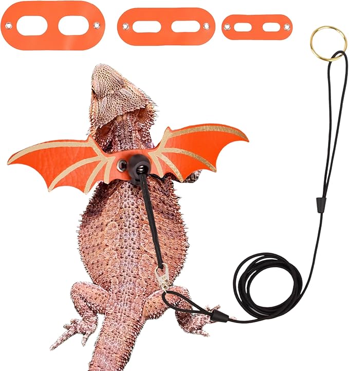 ADOGGYGO Bearded Dragon Leash Harness, 3 Size Pack Orange Leather Wing Lizard harness with Removable Lizard Leash for Bearded Dragon Lizard Reptiles (Orange)