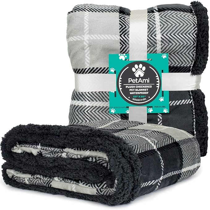 PetAmi WATERPROOF Dog Blanket for Bed, XL Dog Pet Blanket Couch Cover Protection, Sherpa Fleece Leakproof Bed Blanket for Crate Kennel Sofa Furniture Protector, Reversible Soft 80x60 Plaid Charcoal