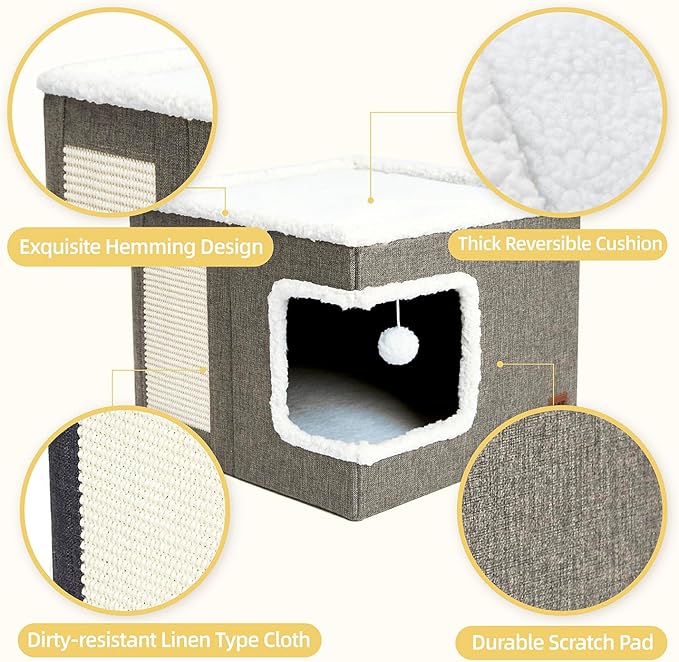 CATBOAT Cat Bed for Indoor Cats Cube House, Covered Cat Cave Beds & Furniture with Scratch Pad and Hideaway Tent, Cute Modern Cat Condo for Multi Small Pet Large Kitten Kitty, Light Grey