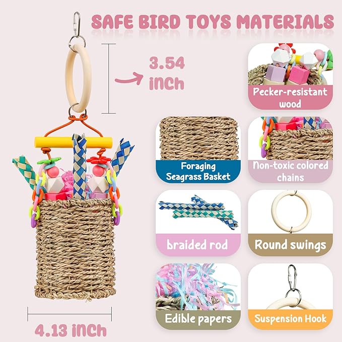 Parrot Toys, Brid Foraging Toy for Medium Parakeet, Conure, Cockatiels, Budgie, Lovebirds, Natural Seagrass Brid Chew Basket