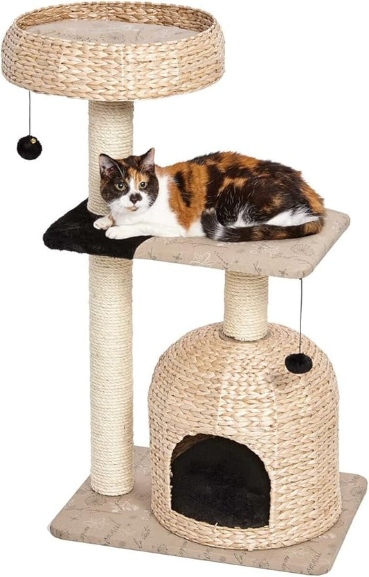 MidWest Homes for Pets Cat Tree | Nest Cat Furniture, 3-Tier Cat Activity Tree w/ Sisal Wrapped Support Scratching Posts & Dangle Play Balls, Woven Rattan & Script Medium Cat Tree