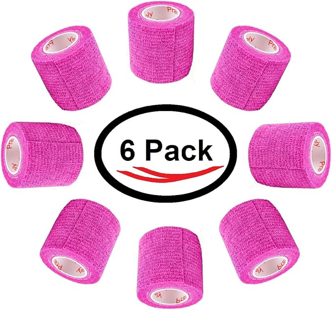 2 Inch Vet Wrap Tape Bulk (Fuchsia) (Pack of 6) Self Adhesive Adherent Adhering Flex Bandage Grip Roll for Dog Cat Pet Horse