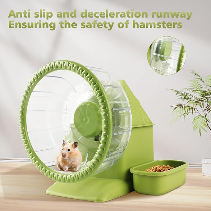 Silent Hamster Wheel Multifunctional Hamster Wheel Quite Running Spinner Wheel Accessories with Food Bowl Water Bottle for Hamsters Dwarf Gerbil (Green)