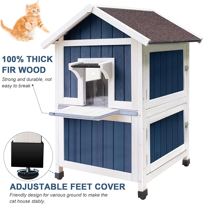 HiCaptain Weatherproof Cat House for Outdoor, 2 Story Feral Cat House with Balcony and Escape Door, Outside Wooden Pet Shelter for Small Animal-Blue