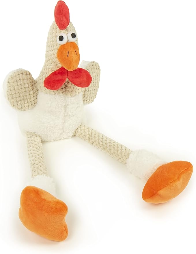 goDog Checkers Skinny Rooster Squeaky Plush Dog Toy, Chew Guard Technology - White, Large