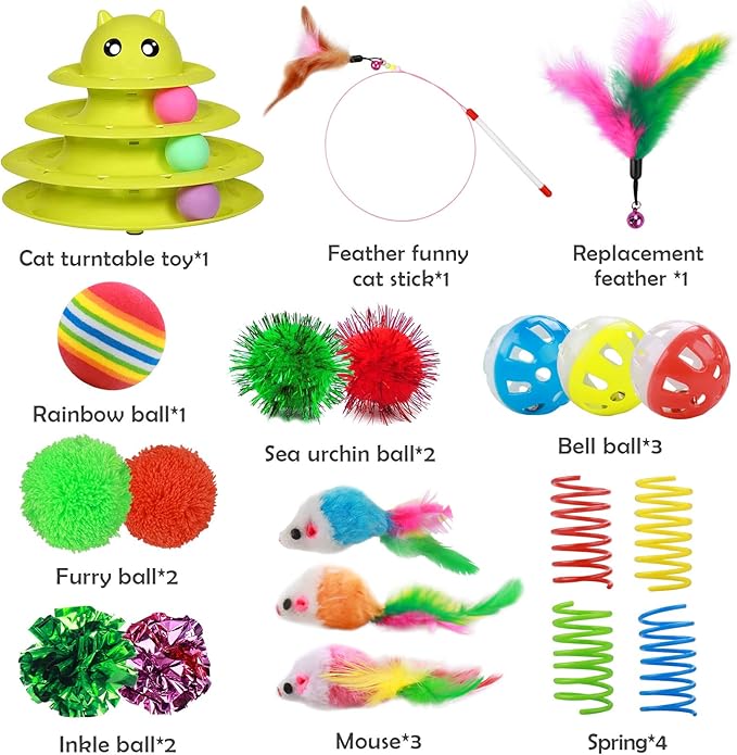 UPSKY 20 PCS Cat Toys, Cat Roller Toy 3-Level Turntable Cat Toys Balls for Indoor Cats, Kitten Toys Set with Cat Teaser Toys, Mice Toys, Spring Toys, and Various Ball Toys.