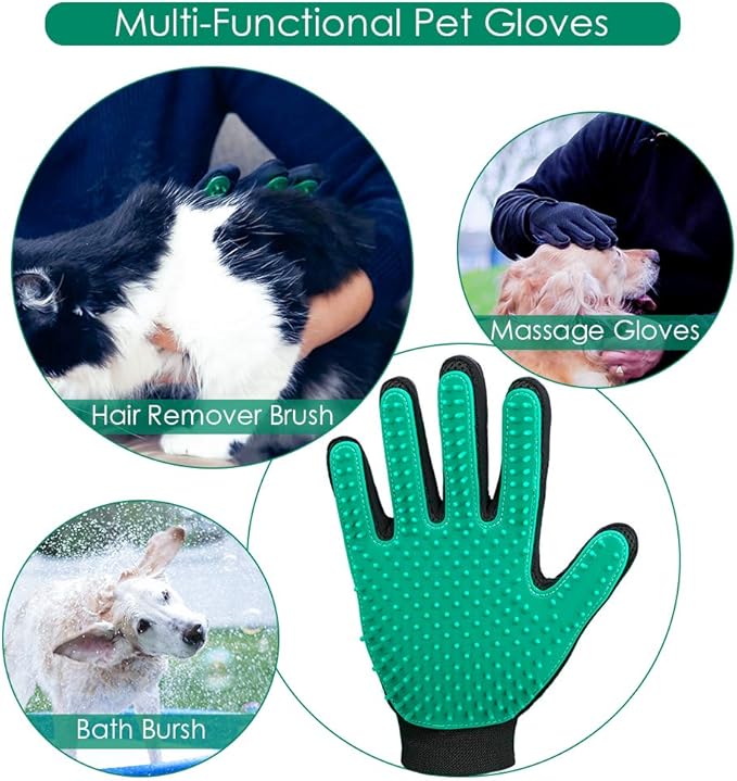 Pet Hair Remover Gloves, Enhance Pet Grooming Glove with 255 Tips, Deshedding Glove for Dog and Cat, 1 Pair Left & Right Gentle De-Shedding Glove Brush, Green