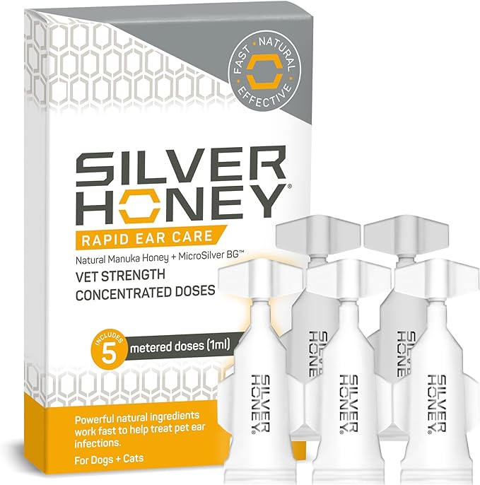 Absorbine Silver Honey Rapid Ear Care Vet Strength Concentrated Doses, 5 Ear Drops for 10 Days on 1 Ear for Dogs & Cats, Medical Grade Manuka Honey & MicroSilver BG