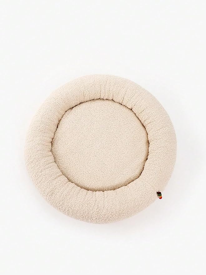 QWINEE Cat and Dog Cushion Bed Mat Plush Puppy Kitten Beds Round Bed Anti-Slip Pet Sleeping Bed for Small Medium Dog Cat Kitten Beige S