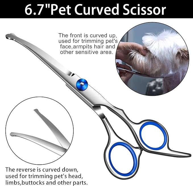 Dog Scissors for Grooming with Safety Round Tip,Professional Dog Grooming Kit,Dog Hair Shears Set,Incude Thinning、 Curved、Straight Scissors and Comb.Suitable for The Right Hand