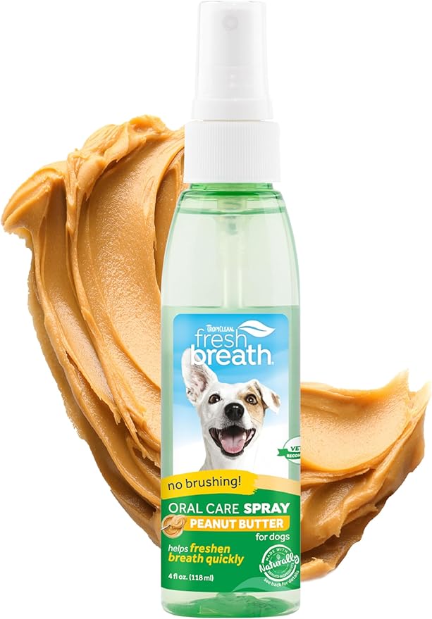 TropiClean Fresh Breath Spray for Dogs & Cats | Peanut Butter Flavored | Travel-Ready Pet Breath Freshener Spray | Made in the USA | 4 oz.