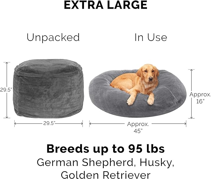 Furhaven Soft & Cozy Dog Bed for Large Dogs, Refillable w/ Removable Washable Cover & Liner, For Dogs Up to 95 lbs - Plush Faux Fur Bean Bag Style Ball Bed - Gray Mist, XL/Jumbo