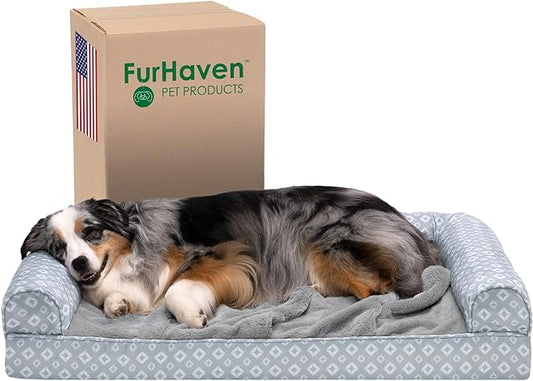Furhaven Cozy Orthopedic Dog Bed for Large/Medium Dogs w/ Removable Bolsters & Washable Cover, For Dogs Up to 55 lbs - Plush & Diamond Print Nest Top Sofa - Gray, Large
