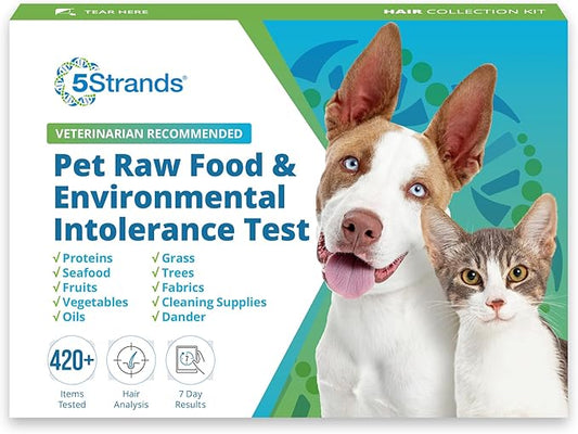 5Strands Pet Raw Food Intolerance & Environmental Sensitivity Test, at Home Test for Dogs & Cats, Hair Sample Collection Kit, All Ages and Breeds, Results in 5 Days