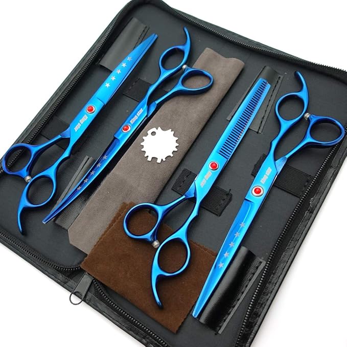 7.0in Titanium Blue Professional Pet Grooming Scissors Set,Straight & Thinning & Curved Scissors 4pcs Set for Dog Grooming,(Blue)