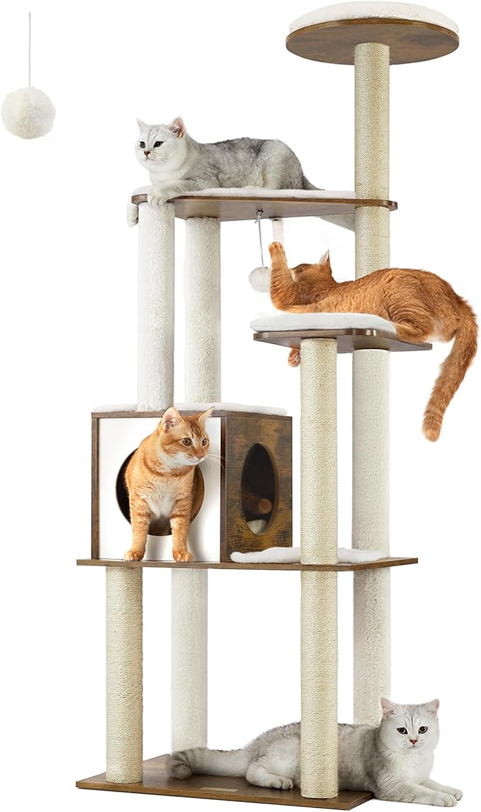 Feandrea WoodyWonders Cat Tree, 65-Inch Modern Cat Tower for Indoor Cats, Multi-Level Cat Condo with 5 Scratching Posts, Perch, Washable Removable Cushions, Cat Furniture, Rustic Brown UPCT166X01