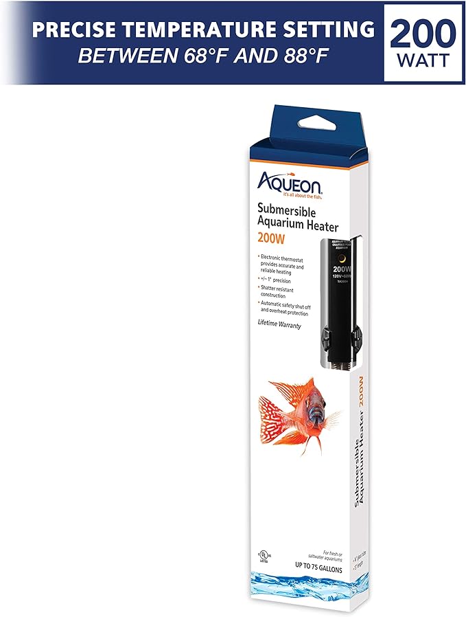 Aqueon Submersible Aquarium Fish Tank Heater For Up To 75 Gallon Aquariums, 200 Watts