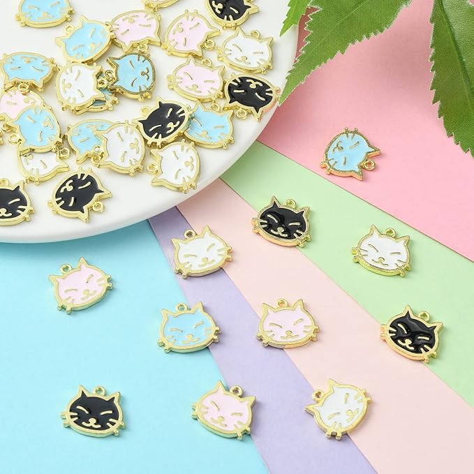 KitBeads 40pcs Mixed Colors Cat Head Charms Kawaii Animal Cat Head Charms Cartoon Pet Cat Face Kitten Charms for Jewelry Making Bulk