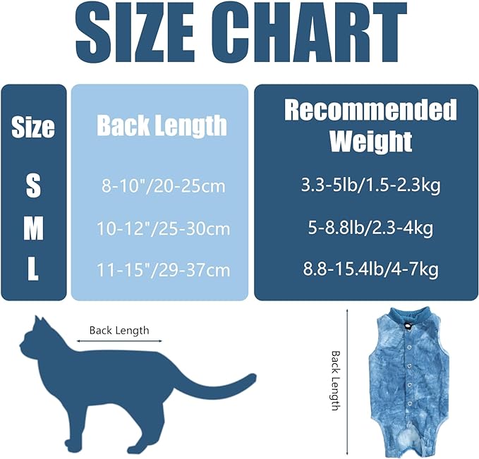 Cat Recovery Suit for Male and Female Surgical Post Surgery Soft Cone Onesie Tie Dye Cats Shirt Clothes Neuter Licking Protective Diapers Outfit Cover Kitten Spay Collar Alternative(Navy Blue, L)