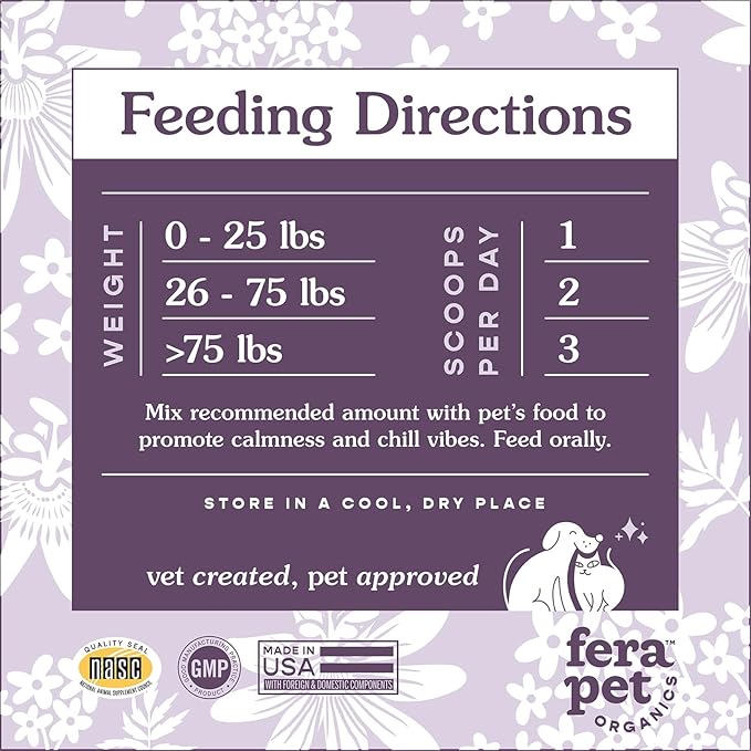 Fera Pets Calming Supplement for Dogs & Cats - Vet Created - GABA & Ashwagandha Supplements Help Cat & Dog Anxiety, Stress or Hyperactivity -60 Scoops