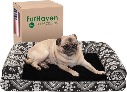 Furhaven Orthopedic Dog Bed for Medium/Small Dogs w/ Removable Bolsters & Washable Cover, For Dogs Up to 35 lbs - Plush & Southwest Kilim Woven Decor Sofa - Black Medallion, Medium