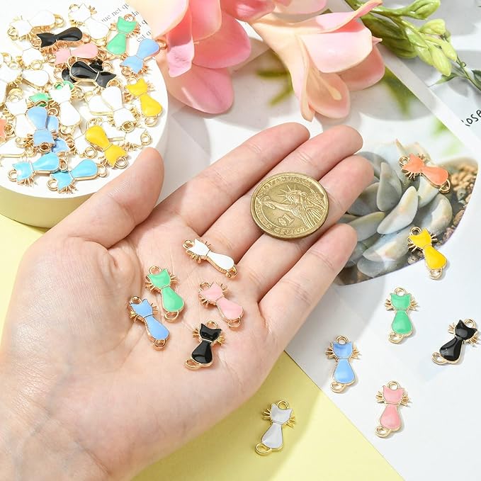 KitBeads 100pcs Random Cute Cat Charms Enamel Colorful Mini Pet Charms Alloy Cartoon Cat Charms for Jewelry Making Bracelets Necklace