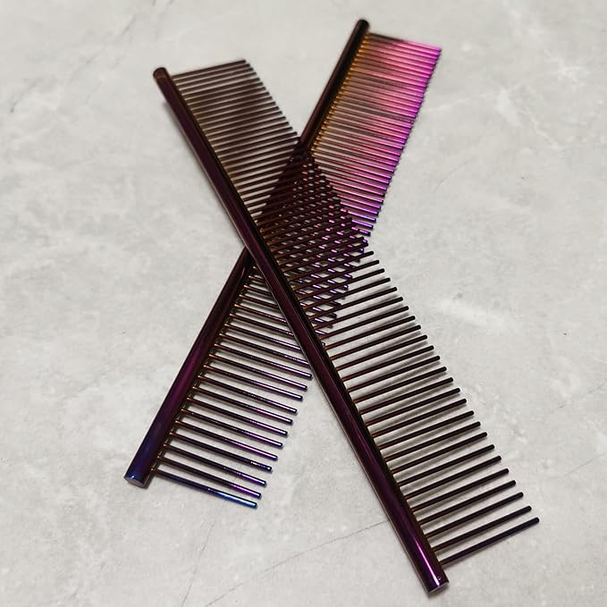 Kopal Dog Comb 2 Pack Metal Comb for Dogs and Cats, Rounded Teeth Pet Steel Combs, Rustproof Stainless Steel Combs, Cat Comb, Pet Dematting & Deshedding Brush, Pet Grooming Combs, 7.4in - Purple