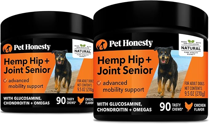 Pet Honesty Senior Hemp Hip & Joint Supplement for Dogs - Dog Joint Supplement with Hemp Oil & Powder, Glucosamine for Dogs, Collagen, MSM & Green Lipped Mussel - Mobility for Senior Dogs(Chicken 180)