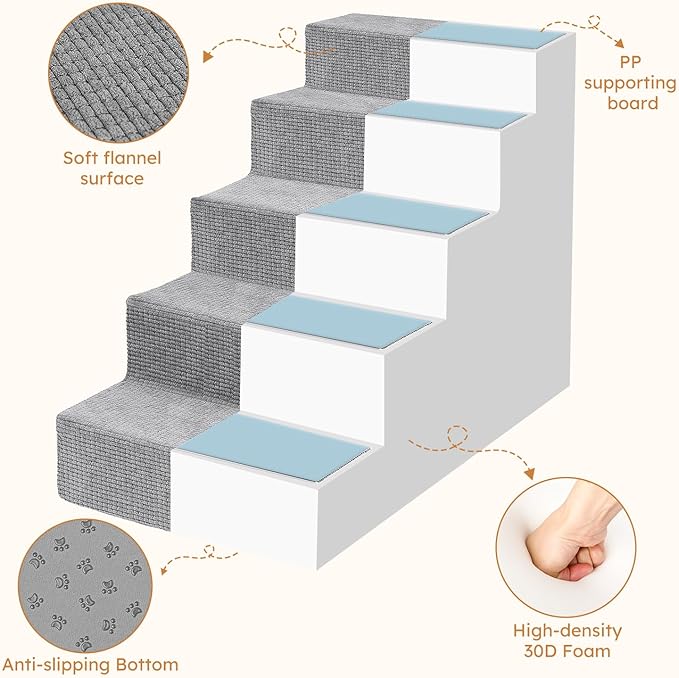 Heeyoo Dog Stairs for Small Dogs,5-Step Dog Steps for High Bed and Couch, High-Density Foam Pet Steps with Supporting Board, Non-Slip Removable Washable Cover, Grey, 23" High