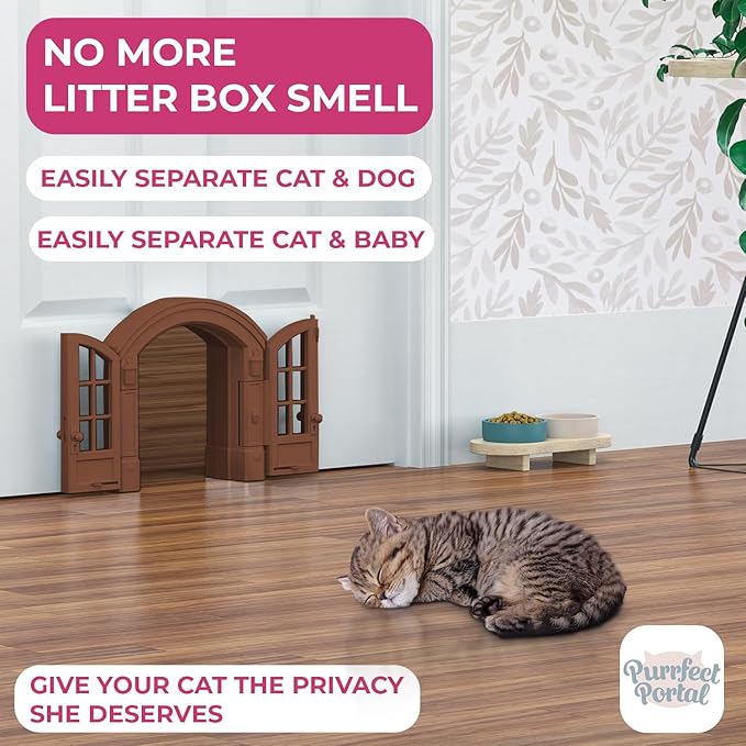 Purrfect Portal French Cat Door - Stylish No-Flap Cat Door Interior Door for Average-Sized Cats Up to 20 lbs, Easy DIY Setup, Secured Installation in Minutes, No Training Needed, 7.13 x 8.32”