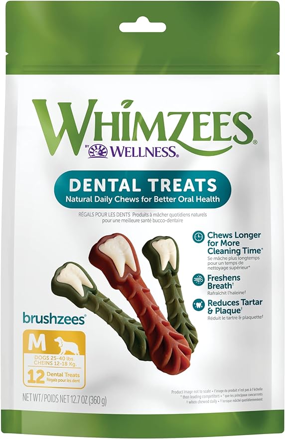 WHIMZEES by Wellness Brushing Dental Chews For Dogs, Grain-Free, Long Lasting Treats, Freshens Breath Medium Breed, 12 Count