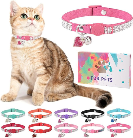 Rhinestone Cat Collar Breakaway with Bell, Diamond Cat Collar with Safety Buckle Quick Release for Girl Boy Small Kitten Pets Puppy,Cute Soft Female Male Cat Collars, Color Rose 8-12"