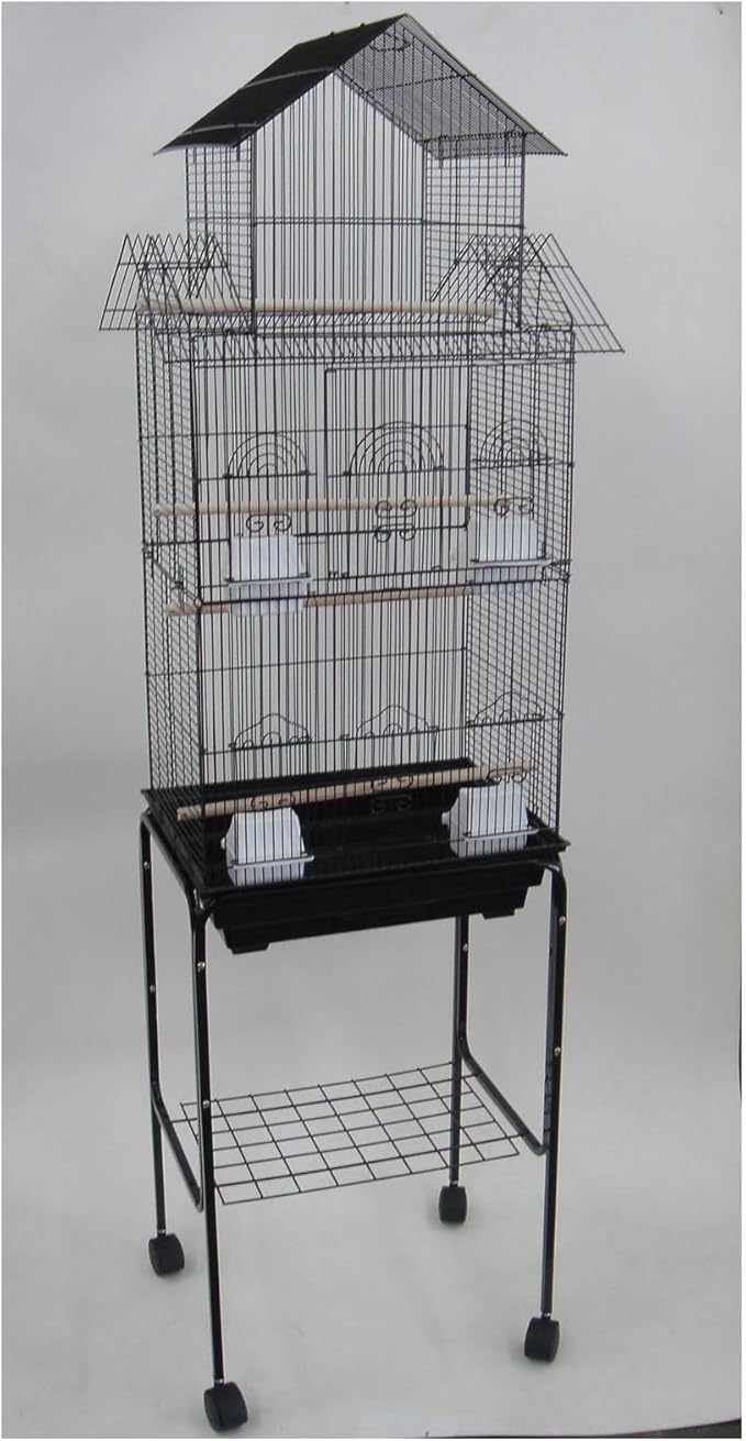 YML 6844 3/8" Bar Spacing Tall Pagoda Top Bird Cage with Stand, 18" x 14"/Small, Black