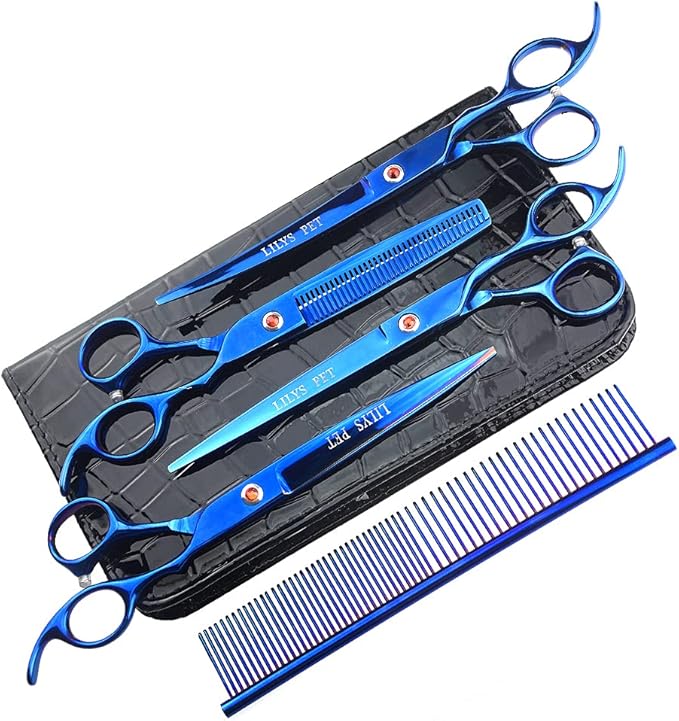 LILYS PET Professional PET DOG Grooming Coated Titanium scissors suit Cutting&Curved&Thinning shears (7.0 inches, Blue)…