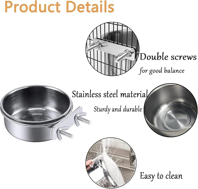 2 Packs Stainless Steel Bird Bowls with Clamp Holder, Bird Feeding Dish Cups Parrot Food Bowl Cage Small Pet Hanging Food Water Bowl for Parakeet Cat Rabbit Cockatiel Lovebirds Small Animal