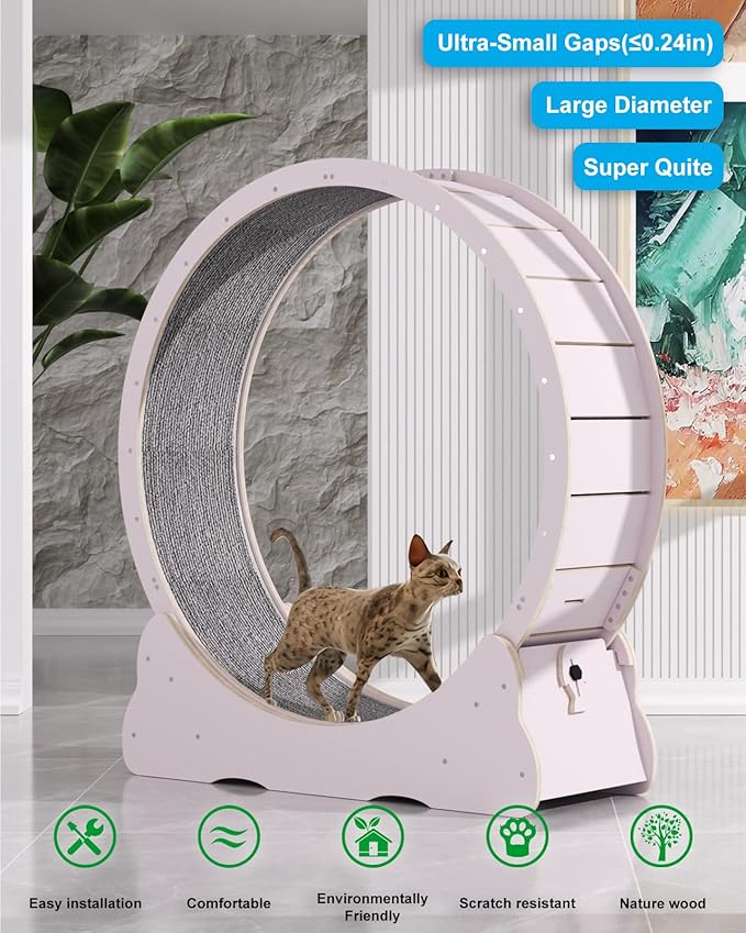 Cat Wheels for Indoor Cats. Extra Large Diameter Cat Treadmill. Made of Natural Solid Wood. Inside Diameter 40in/100cm. Including Installation Tools and Cat Teaser. (Pink)