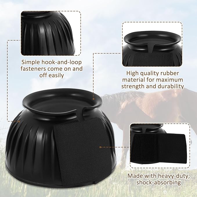 Abbylike 1 Pair Horse Bell Boots Protect Against Hoof Impact Trauma Rubber Bell Boots for Horses Black Horse Boots Horse Care Boots for Turnout No Rub Design Comfort Quick Wrap Hook and Loop