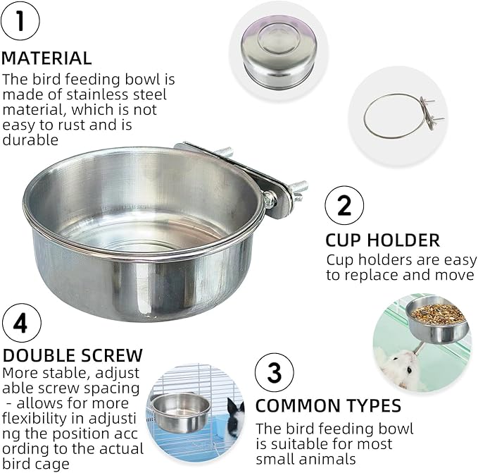 2Pcs Small Bird Bowls, Stainless Steel Hamster Food Bowl with Clamp Holder, Hanging Guinea Pig Bowl Parrot Water Feeder Dish Cups for 2 Bird Seed Scoop