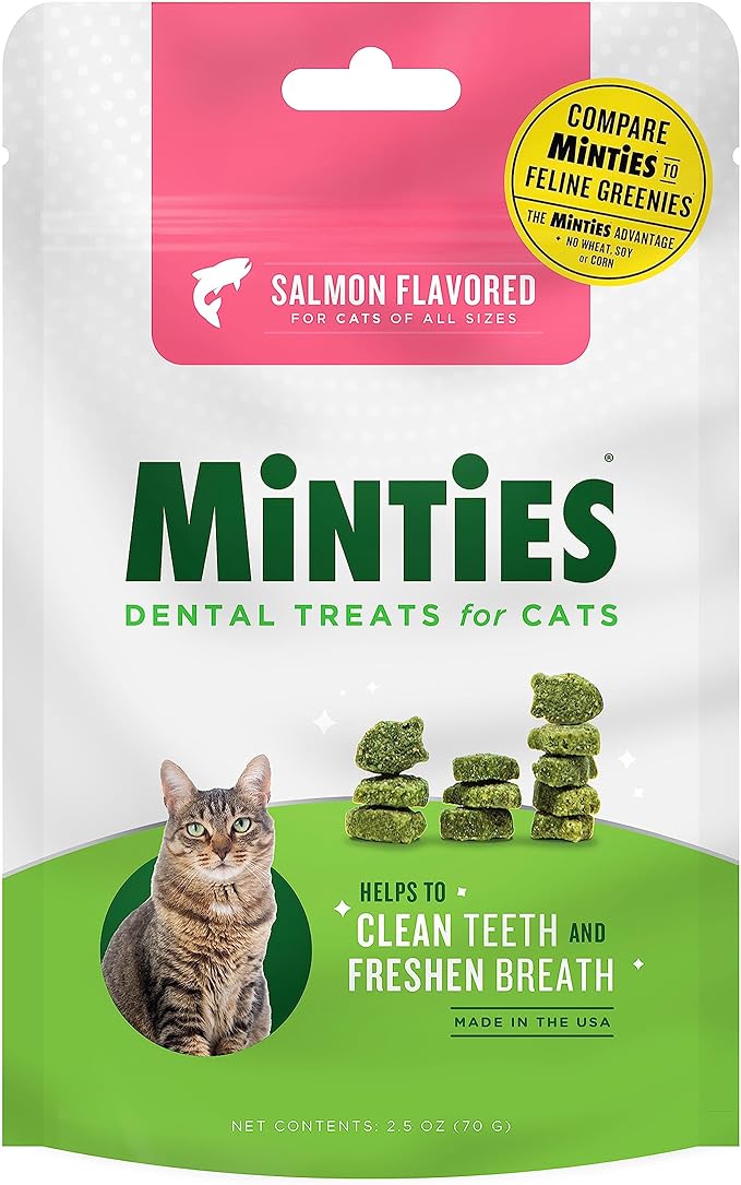 Minties Dental Treats for Cats, (Chicken/Salmon) Flavored Treats for Cats, Freshens Breath and Controls Tartar, 2.5oz