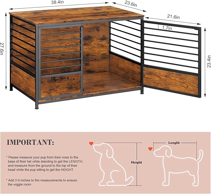 LIANTRAL Large Dog Crate Furniture, 39" Heavy Duty Dog Kennel House Wooden Dog Cage with Storage Side End Table for Living Room Bedroom